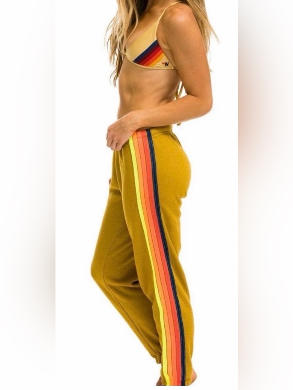 Aviator Nation Women’s 5 Stripe Sweatpants Honey//Neon Rainbow Blue Stripes- XL